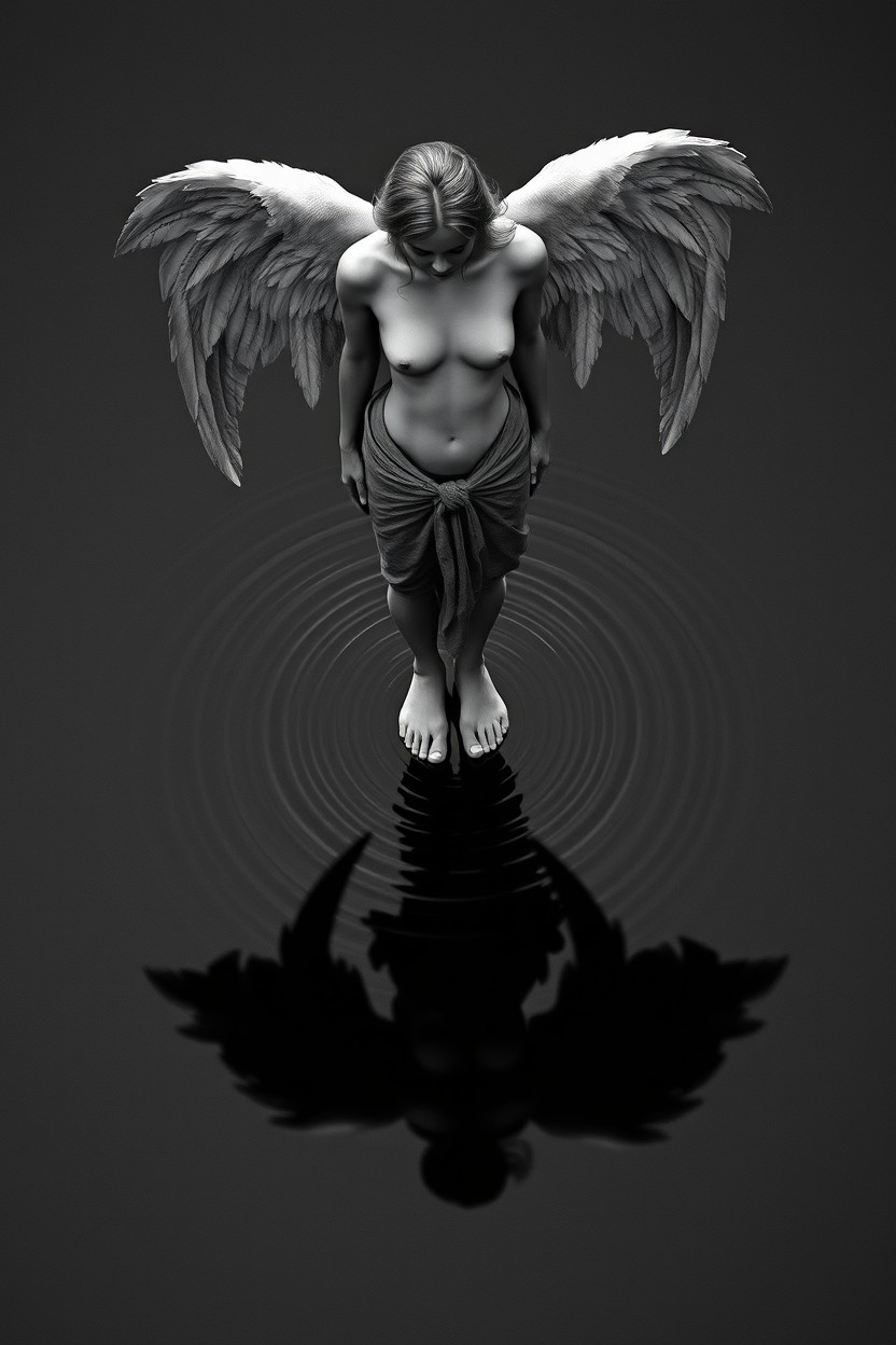 Ultra-photorealistic female angel standing barefoot on a still water surface, captured from a top-down view