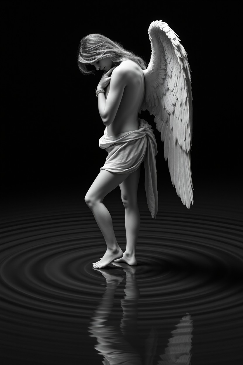 Ultra-photorealistic female angel, viewed from a slightly elevated angle, standing barefoot on a still water surface