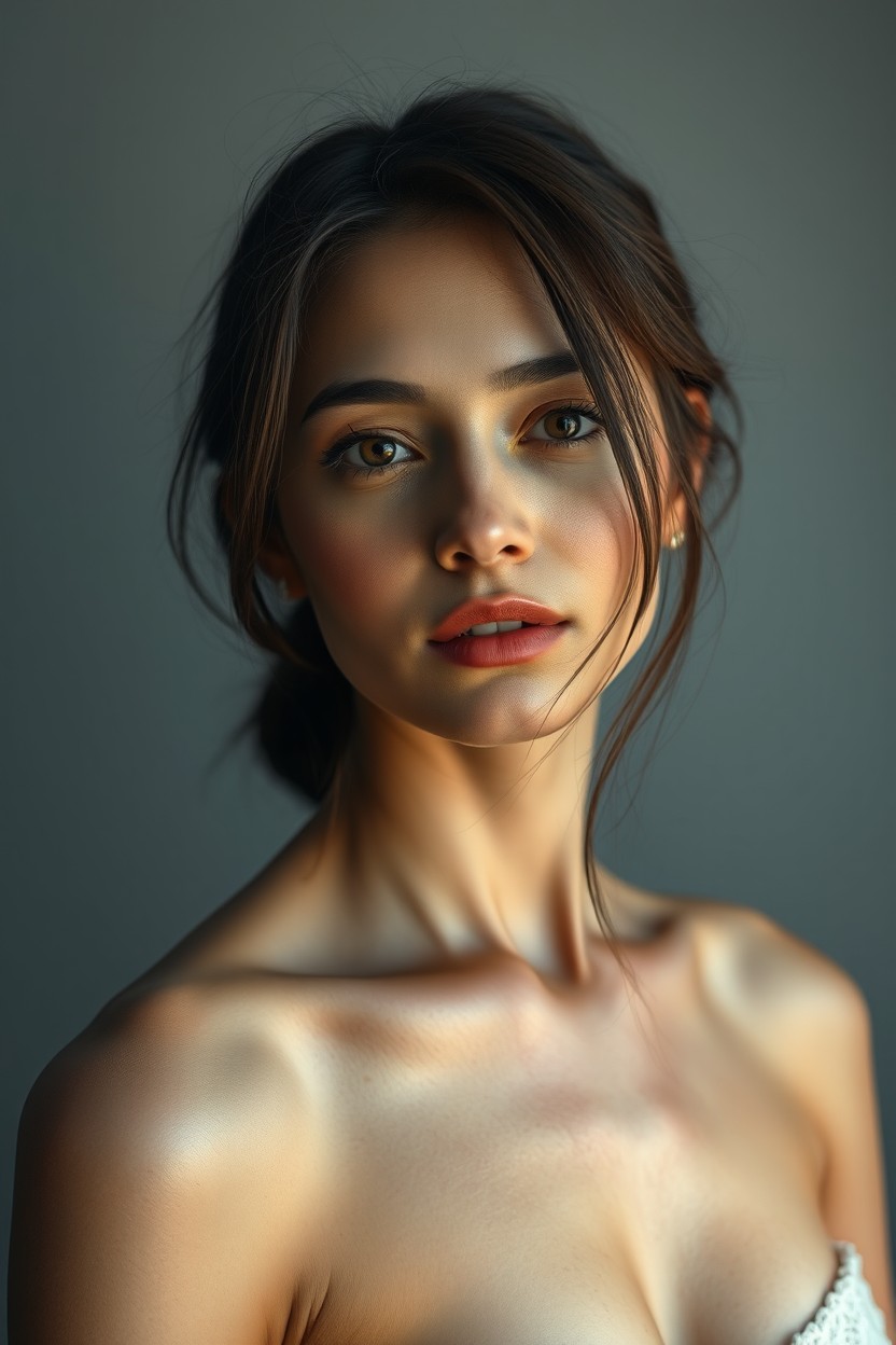 A hyper-realistic portrait of a woman seen from a slightly low angle, just below eye level, showcasing her natural and elegant posture