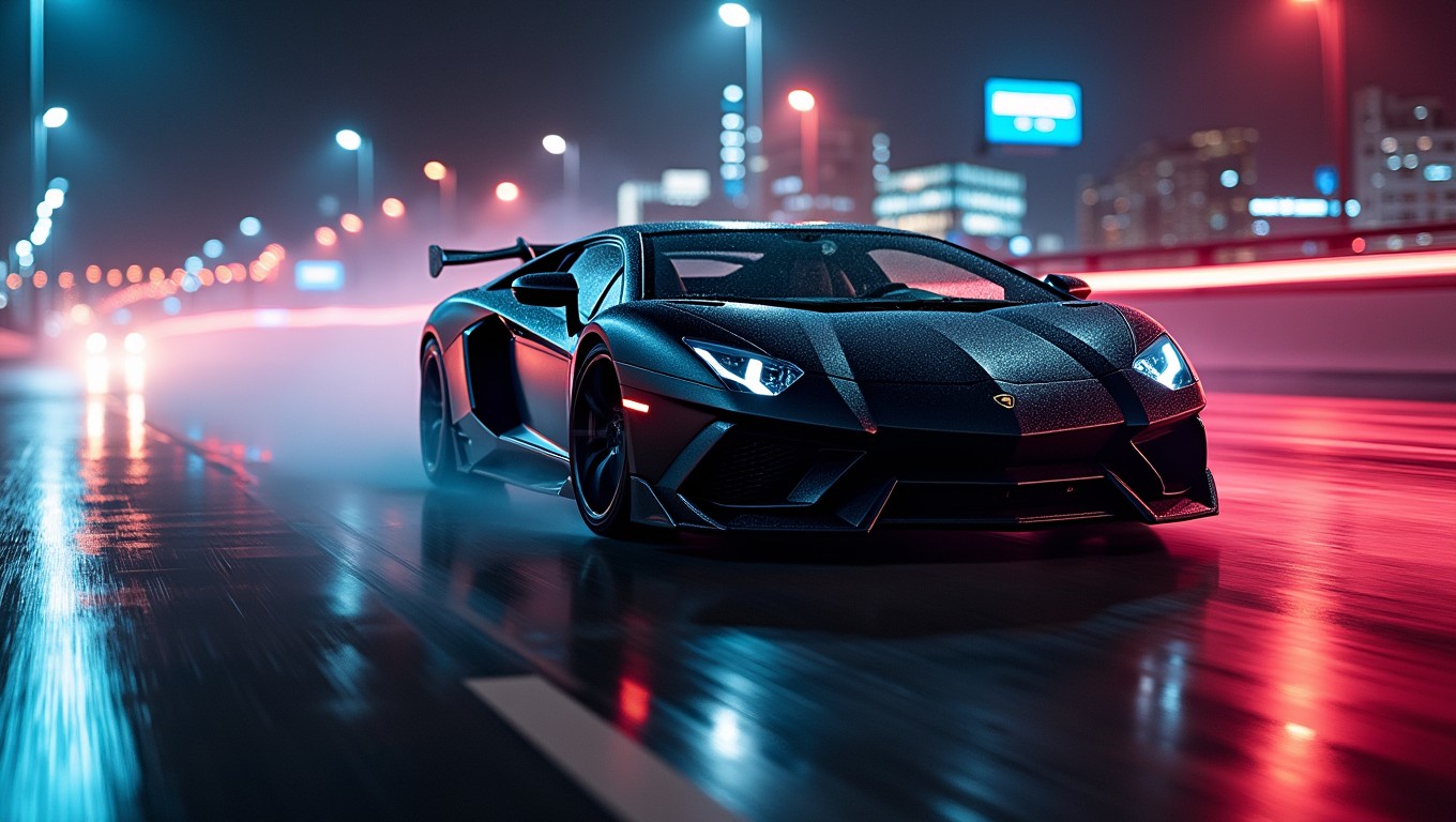 A hyper-detailed shot of a matte black Lamborghini Aventador drifting on a neon-lit highway at night, with rain misting off the road