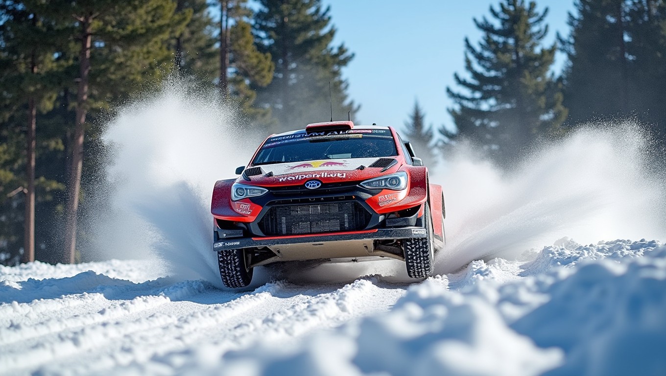A rally car mid-jump in a snowy alpine forest, with large snowflakes falling around it and a backdrop of tall pine trees