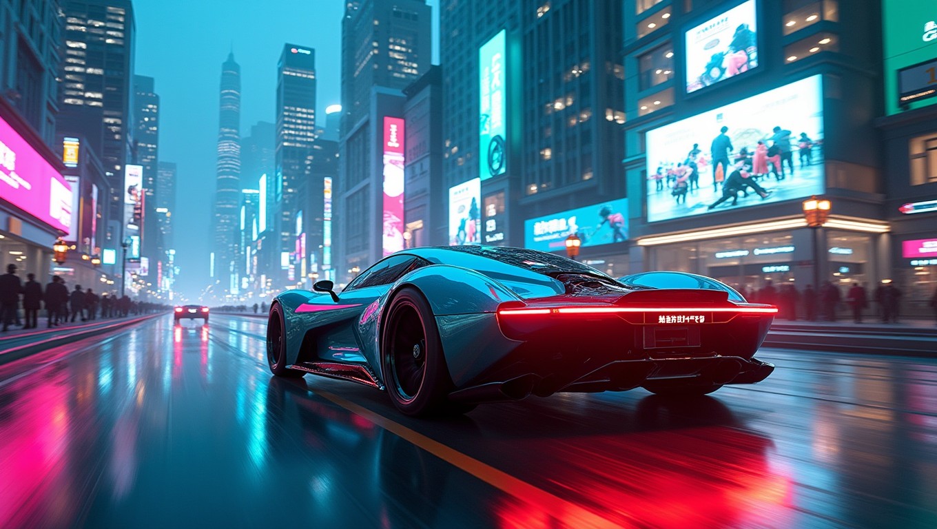 A futuristic electric hypercar racing through a vibrant cyberpunk cityscape, with towering skyscrapers glowing in neon colors