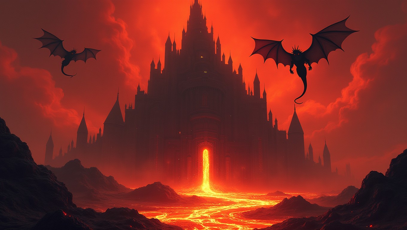 A towering obsidian fortress stands majestically, surrounded by a moat of molten lava, glowing brightly against the landscape