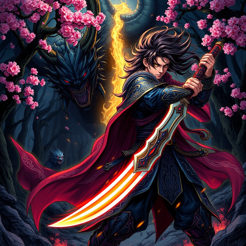 A dynamic and vivid illustration featuring a fierce demon slayer, clad in intricately designed armor with a flowing cape, wielding a katana that glows with mystical energy