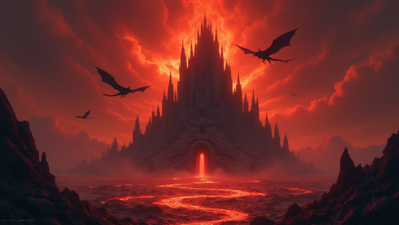 A towering obsidian fortress rises dramatically, encircled by a moody moat of bubbling lava, casting a warm, fiery glow