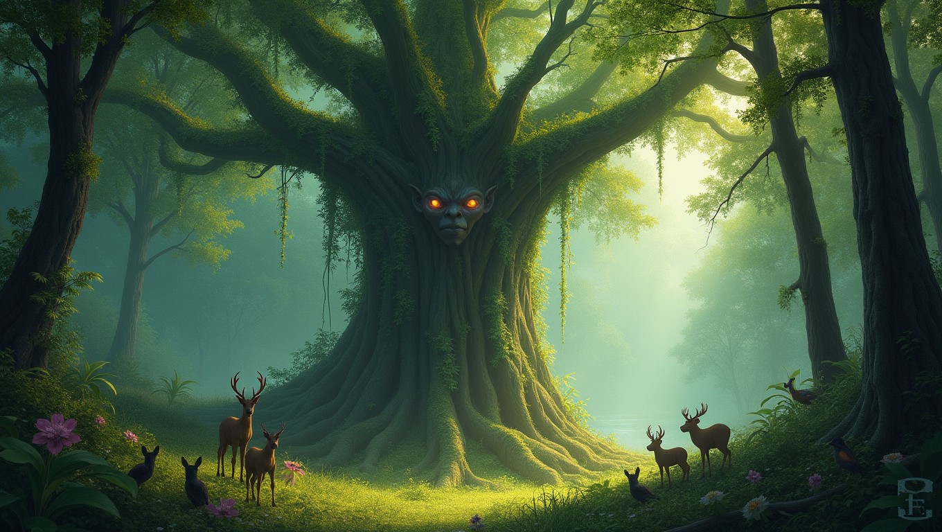 A giant forest spirit emerging majestically from an ancient tree in a lush, green forest