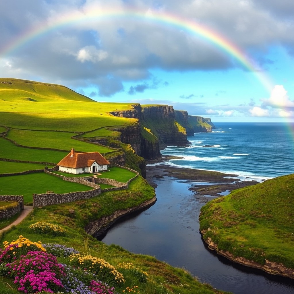 A stunning panoramic view of the Irish countryside, featuring rolling green hills adorned with colorful wildflowers and ancient stone walls