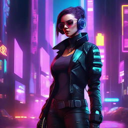 A cyberpunk female spy infiltrator, with neon accents, high-tech futuristic gadgets, edgy attire, and an enigmatic aura in a dense, dystopian cityscape background.