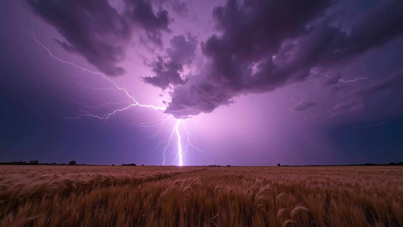 A dramatic scene of wind-blown wheat fields under an imposing thunderstorm