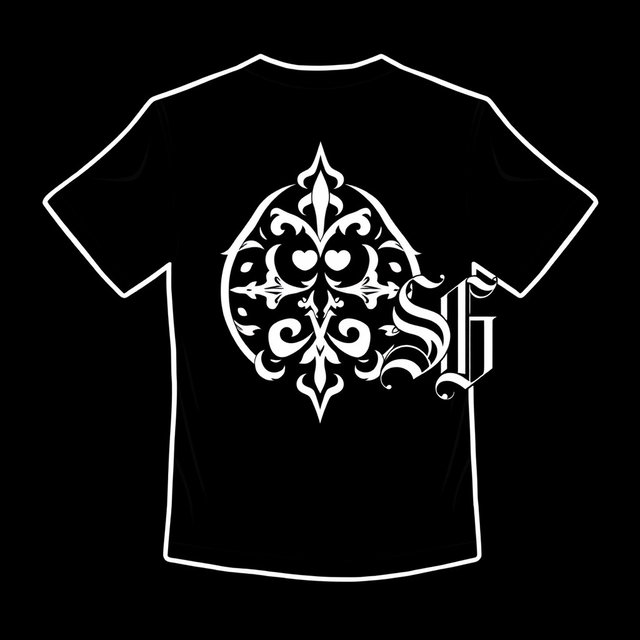 A black t-shirt design featuring a logo prominently displayed on the back