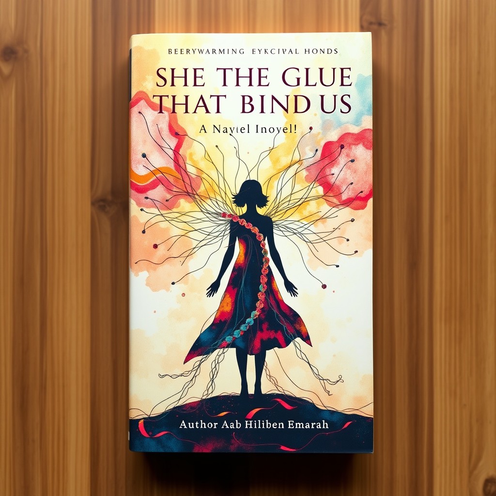 A captivating book cover for a novel titled 'She Is the Glue That Binds Us'