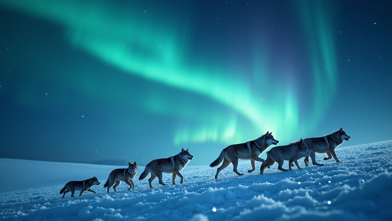 Northern lights dancing vibrantly across the night sky over a vast frozen tundra, with shimmering ice crystals sparkling beautifully in the moonlight