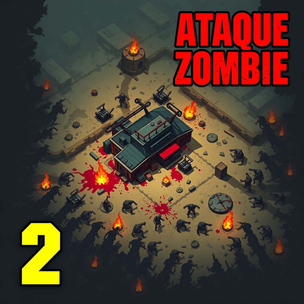 A dramatic pixel-art style top-down illustration inspired by RimWorld, depicting a fortified colony under attack by zombie-like creatures