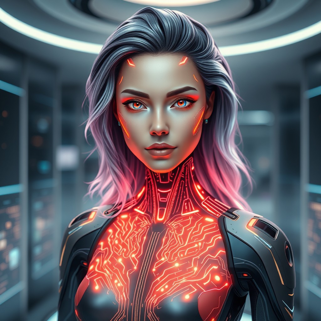 A stunning representation of an AI woman model, featuring futuristic attributes and sleek robotic elements