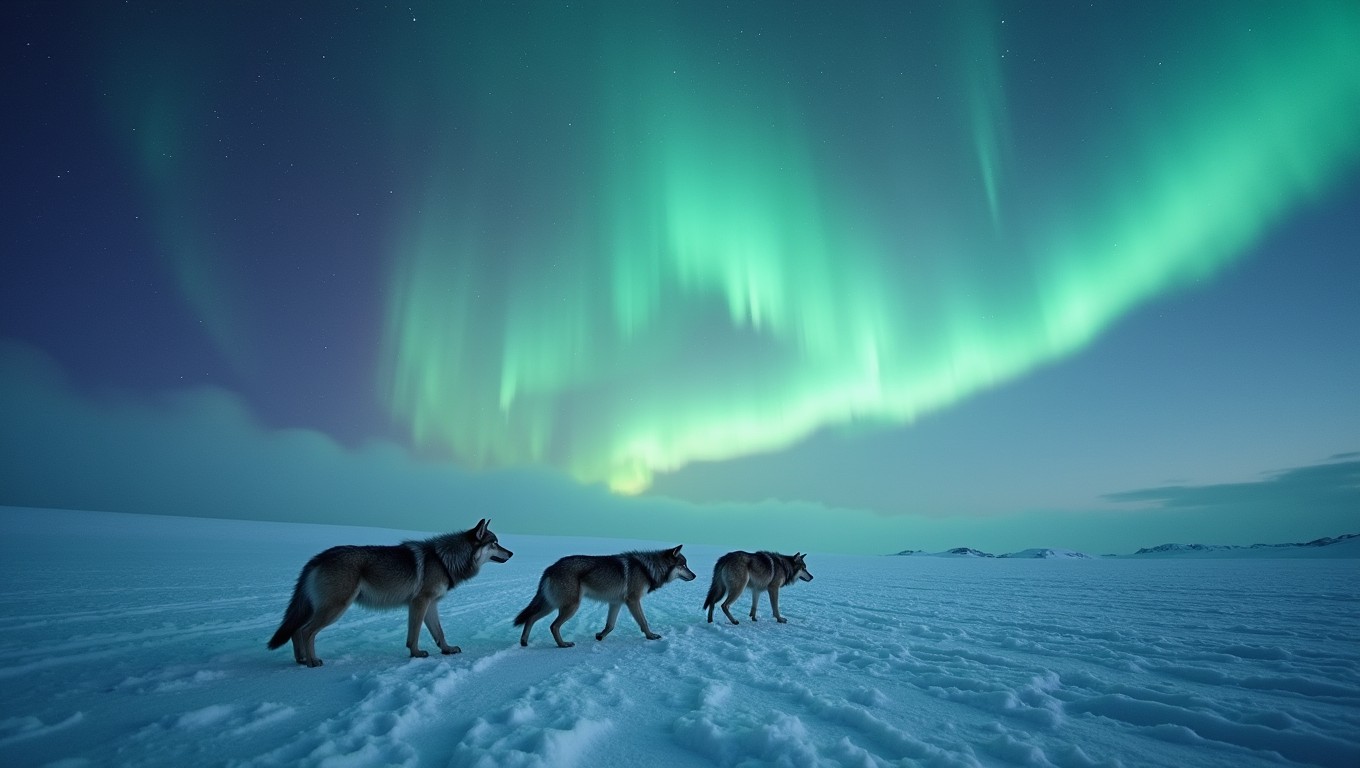 A breathtaking scene of northern lights gracefully dancing across the sky over a vast frozen tundra