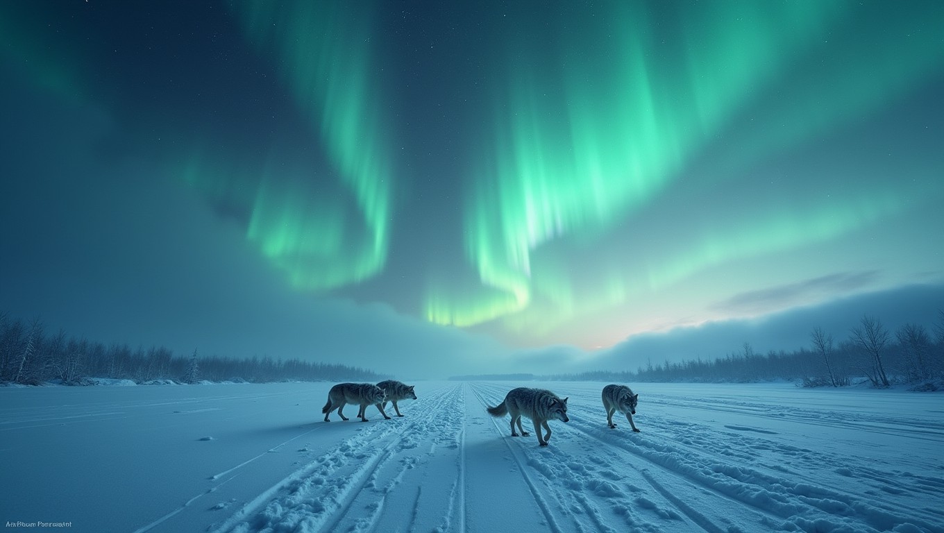 A mesmerizing scene capturing the northern lights intricately dancing across the sky over an expansive frozen tundra