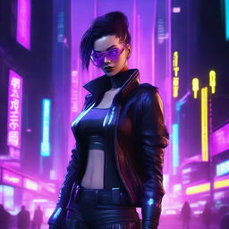 A cyberpunk female spy infiltrator, with neon accents, high-tech futuristic gadgets, edgy attire, and an enigmatic aura in a dense, dystopian cityscape background.