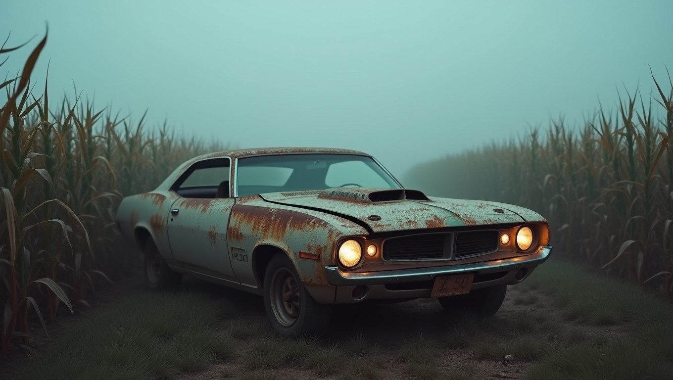 A rusted muscle car is abandoned in a foggy cornfield, its headlights still illuminated, casting a soft glow in the misty atmosphere