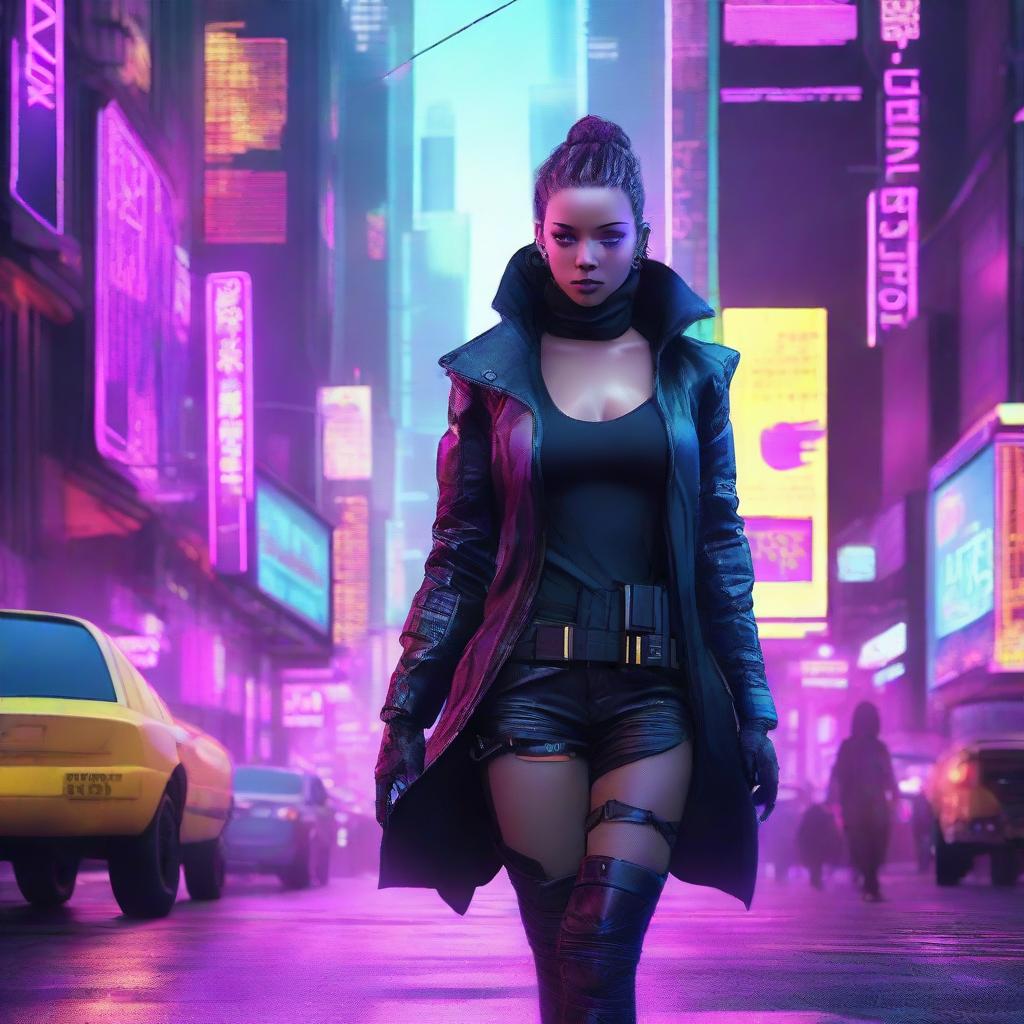 A cyberpunk female spy infiltrator, with neon accents, high-tech futuristic gadgets, edgy attire, and an enigmatic aura in a dense, dystopian cityscape background.