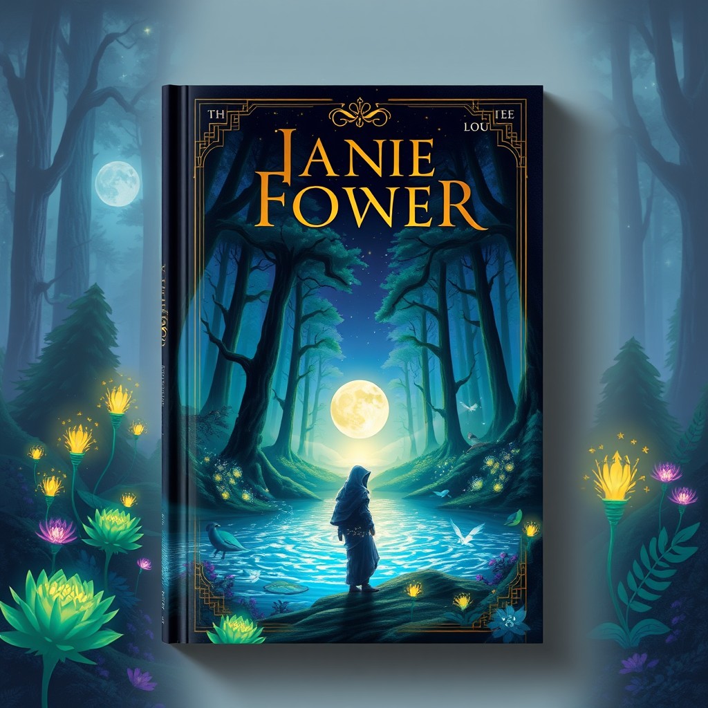 A captivating book cover design featuring a mystical forest filled with glowing plants and ethereal creatures