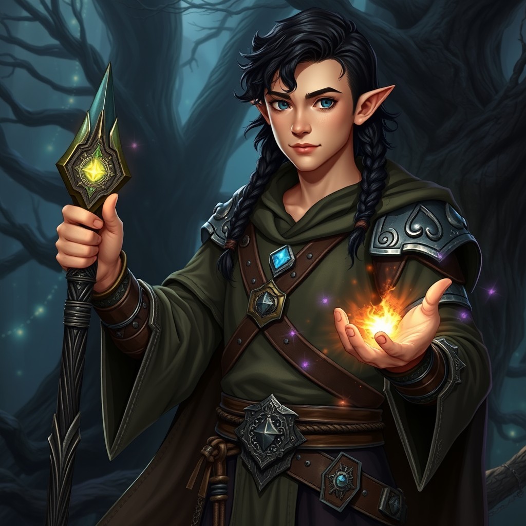 A young male sorcerer with the unique heritage of being half-elf and half-dwarf