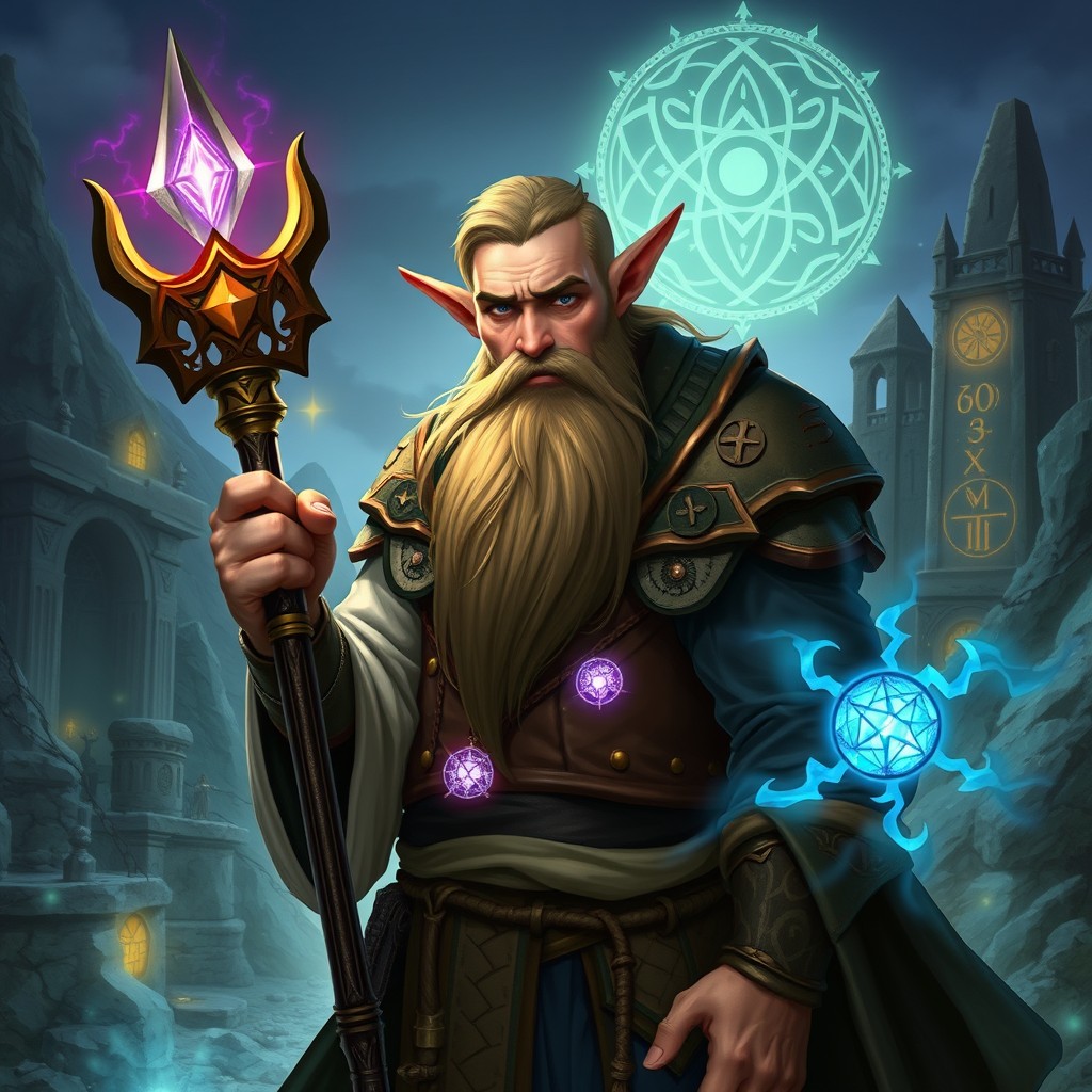 A male sorcerer who is half-elf and half-dwarf, featuring short hair and a long, flowing beard