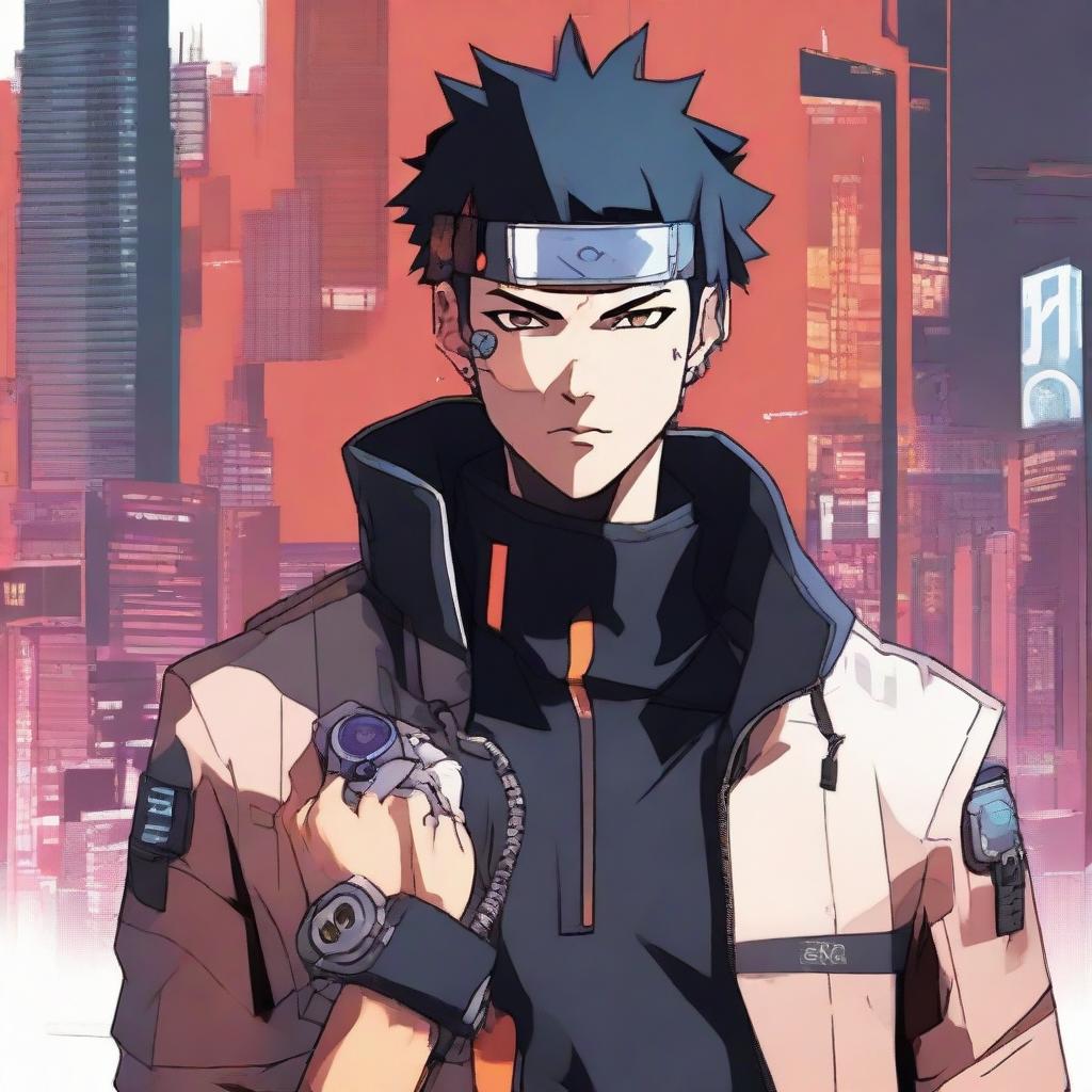 A male cyberpunk spy with elements of Naruto's aesthetic. He's subtly infiltrating, bristling with high-tech gadgets, donned in an outfit combining the futuristic and manga styles.