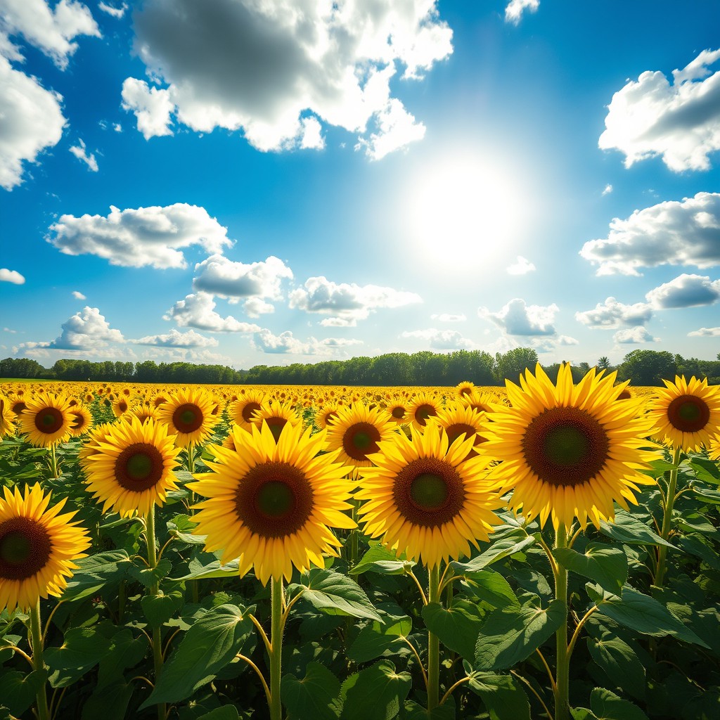 A beautiful landscape featuring a vibrant sunflower field at midday, with bright yellow sunflowers stretching towards the blue sky filled with fluffy white clouds