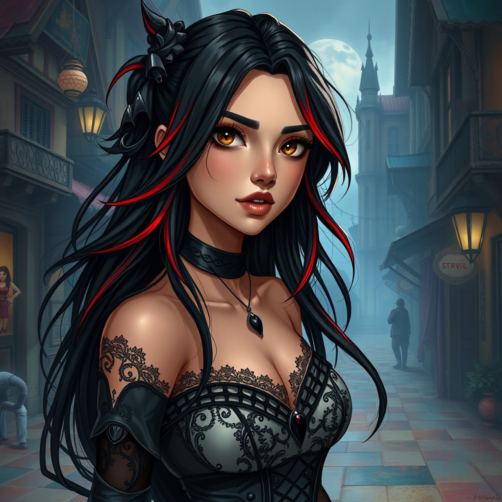 A charismatic Latina woman with mesmerizing brown eyes and long, flowing dark hair featuring striking red highlights