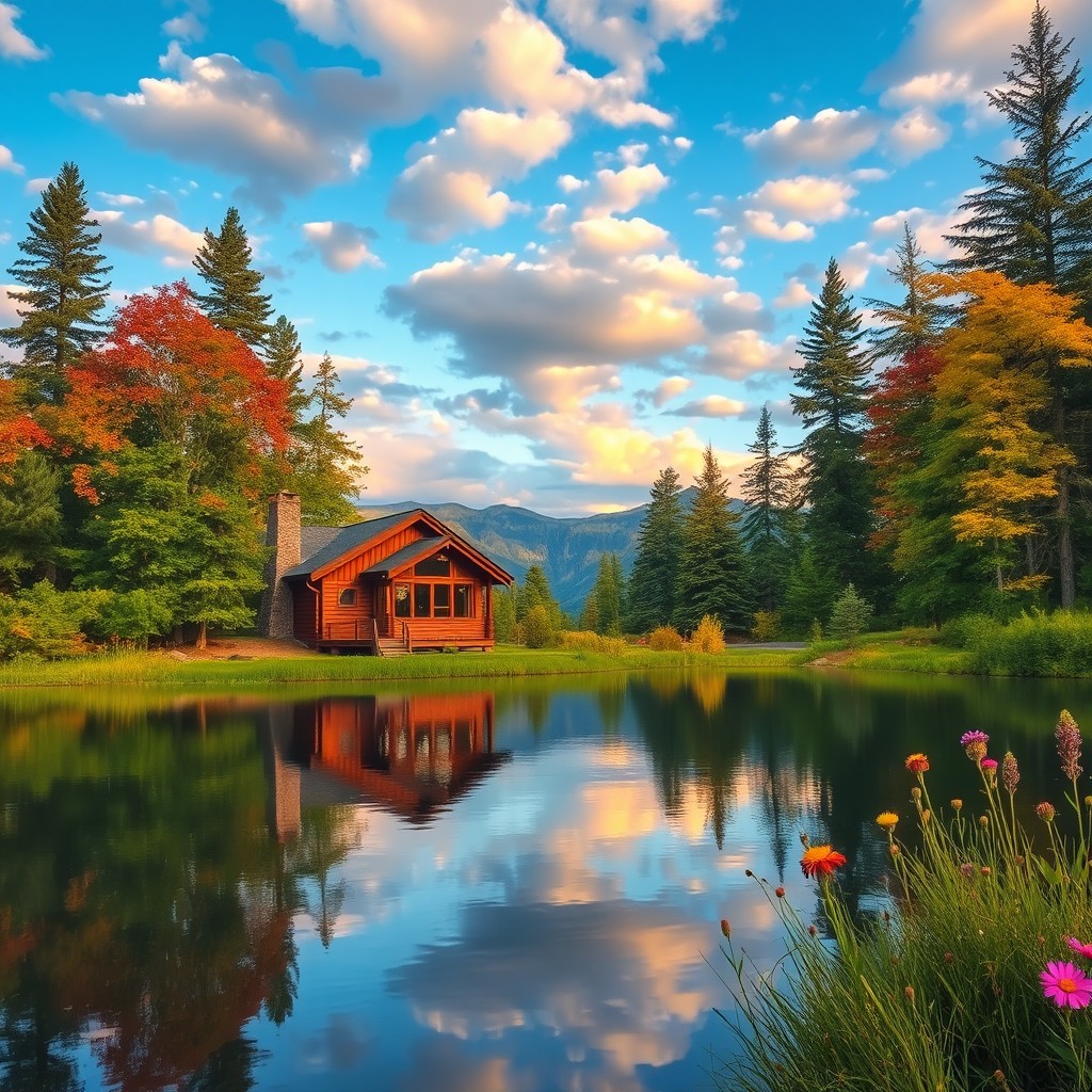 A serene lake scene featuring a cozy wooden cabin nestled among lush greenery by the water's edge