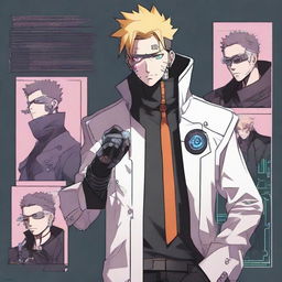 A male cyberpunk spy with elements of Naruto's aesthetic. He's subtly infiltrating, bristling with high-tech gadgets, donned in an outfit combining the futuristic and manga styles.