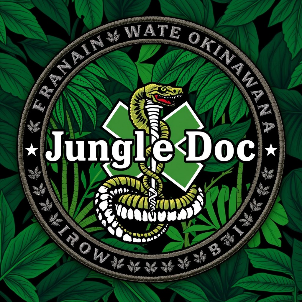 Design a patch for a FMF corpsman stationed in Okinawa, featuring the words "Jungle Doc" prominently