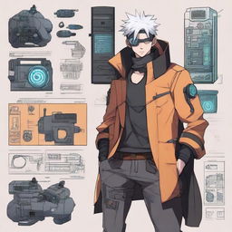 A male cyberpunk spy with elements of Naruto's aesthetic. He's subtly infiltrating, bristling with high-tech gadgets, donned in an outfit combining the futuristic and manga styles.