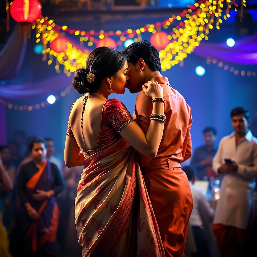 An Indian woman in an elegant saree, featuring a backless blouse, gracefully dancing with an Indian man at a vibrant midnight party