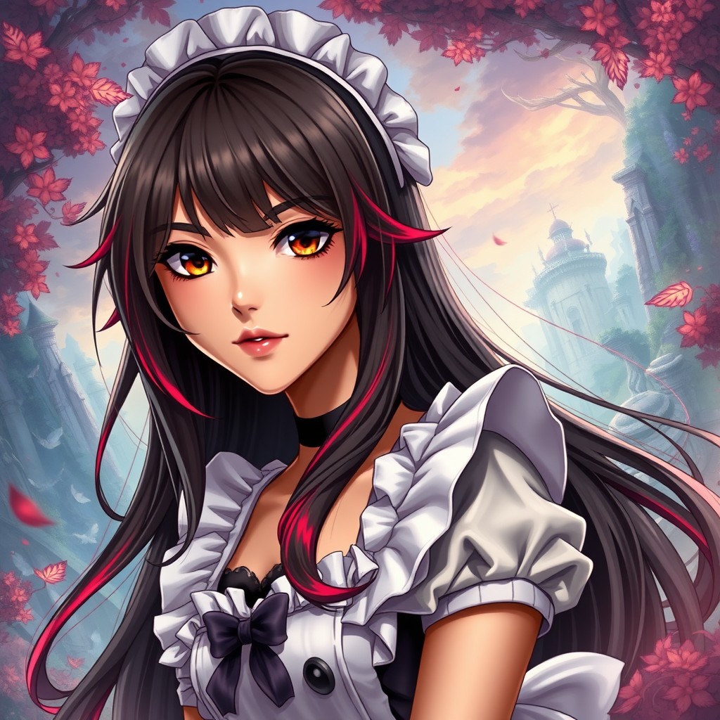 A charismatic Latina woman with mesmerizing brown eyes and long flowing dark hair accented with vibrant red highlights