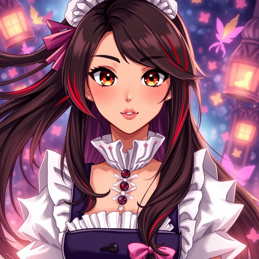 A charismatic Latina woman with mesmerizing brown eyes and long flowing dark hair featuring vibrant red highlights