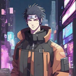 A male cyberpunk spy with elements of Naruto's aesthetic. He's subtly infiltrating, bristling with high-tech gadgets, donned in an outfit combining the futuristic and manga styles.