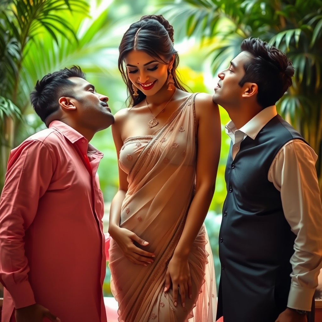 A beautiful hot Indian woman wearing a transparent saree, elegantly draped and showcasing her curves