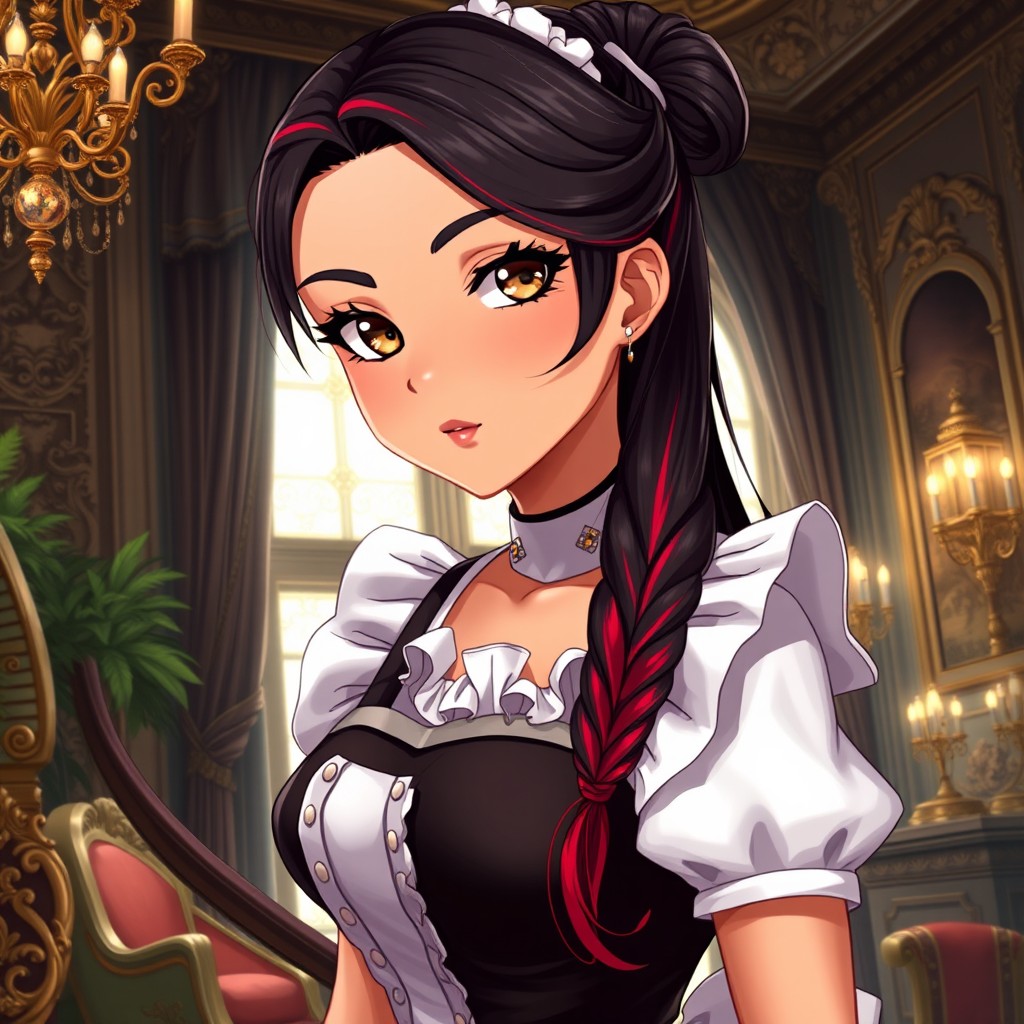 A charismatic Latina woman with mesmerizing brown eyes and long flowing dark hair featuring vibrant red highlights