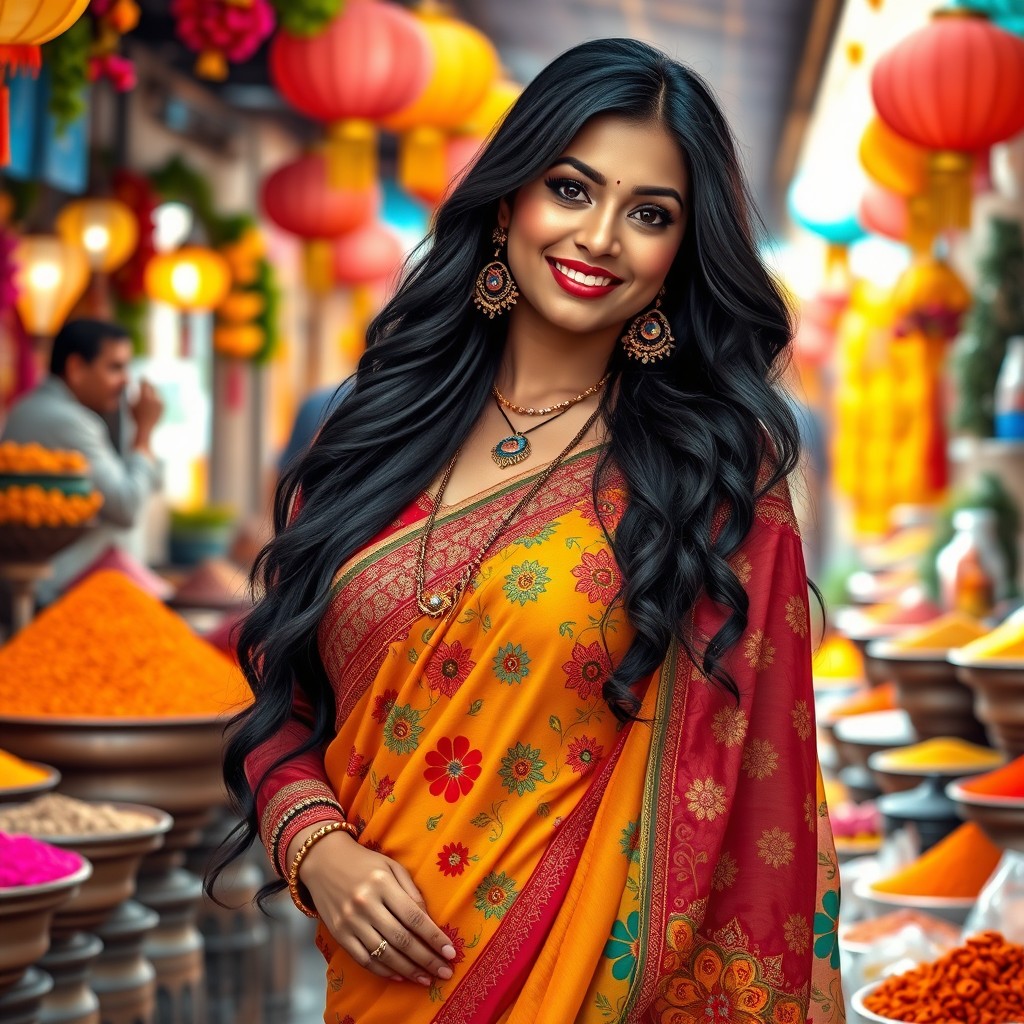 A vibrant depiction of a confident Indian woman with a curvaceous figure wearing a traditional salwar kameez
