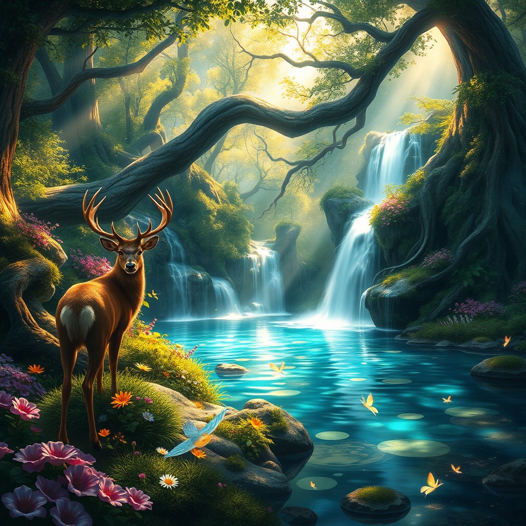 A stunning high-resolution digital painting of a fantasy forest, lush with vibrant greens and colorful flowers