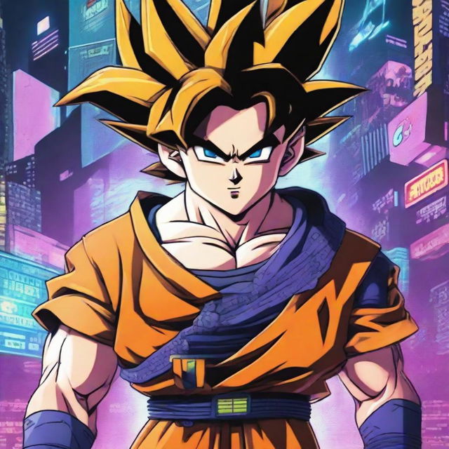 A high-definition image of Goku from the Dragon Ball series, adapted to a cyberpunk theme, embodying the role of a spy with high-tech gadgets and a futuristic outfit.