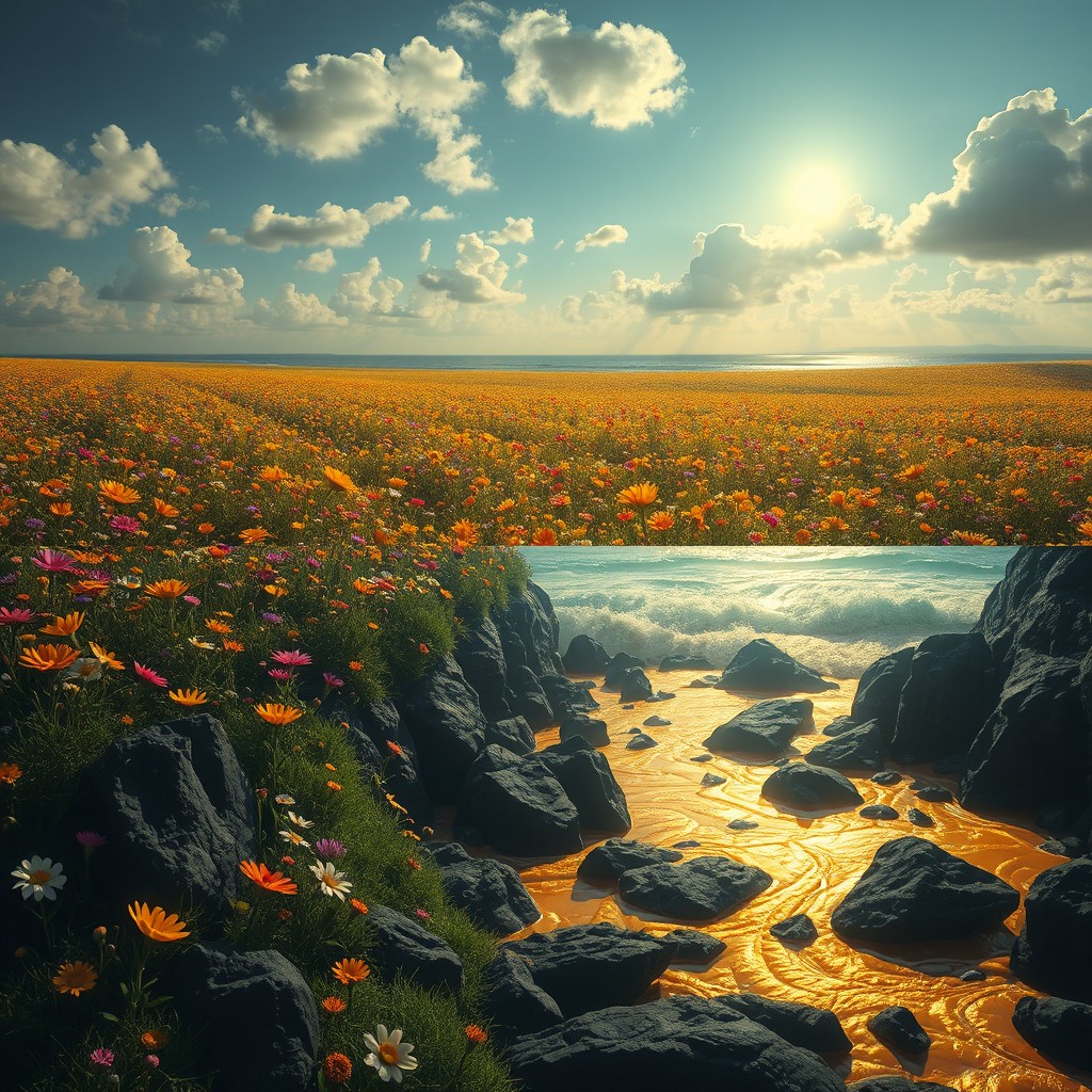 A breathtaking landscape featuring a vast prairie filled with colorful flowers that emit sparkling golden sparks when touched