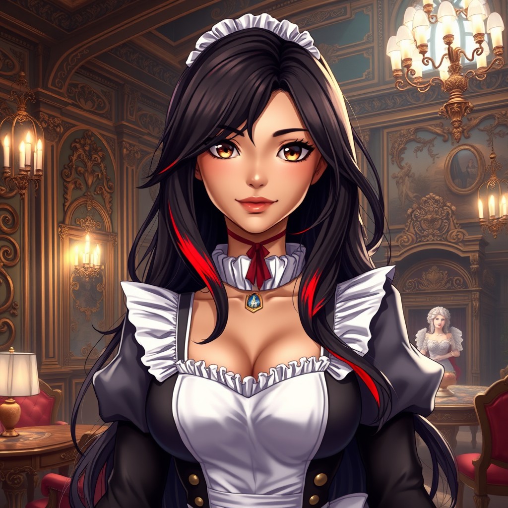 A charismatic Latina woman with mesmerizing brown eyes and long flowing dark hair featuring striking red highlights, complemented by her slight tan complexion