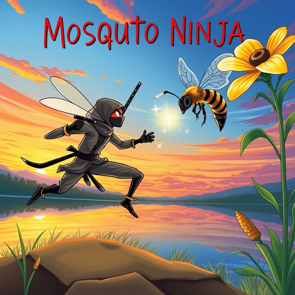A dynamic and colorful cover illustration featuring a mosquito ninja engaged in an epic battle with a fierce bee above a serene lake