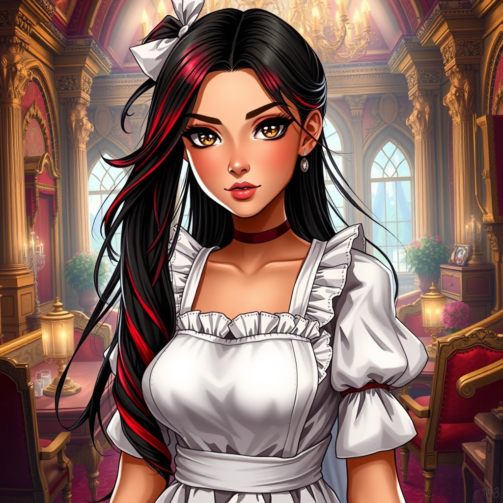 A charismatic Latina woman with captivating brown eyes, long flowing dark hair featuring beautiful red highlights, and a slight tan complexion