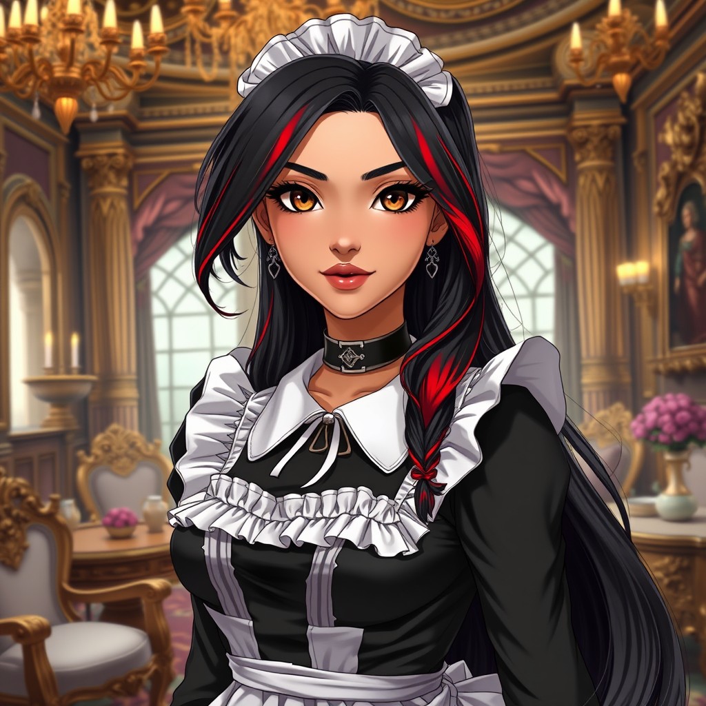 A charismatic Latina woman with mesmerizing brown eyes and long flowing dark hair adorned with vivid red highlights, showcasing her slight tan complexion