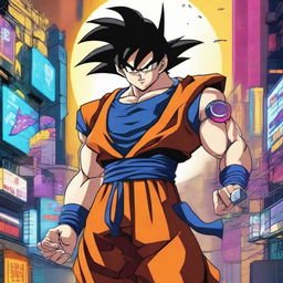 A high-definition image of Goku from the Dragon Ball series, adapted to a cyberpunk theme, embodying the role of a spy with high-tech gadgets and a futuristic outfit.