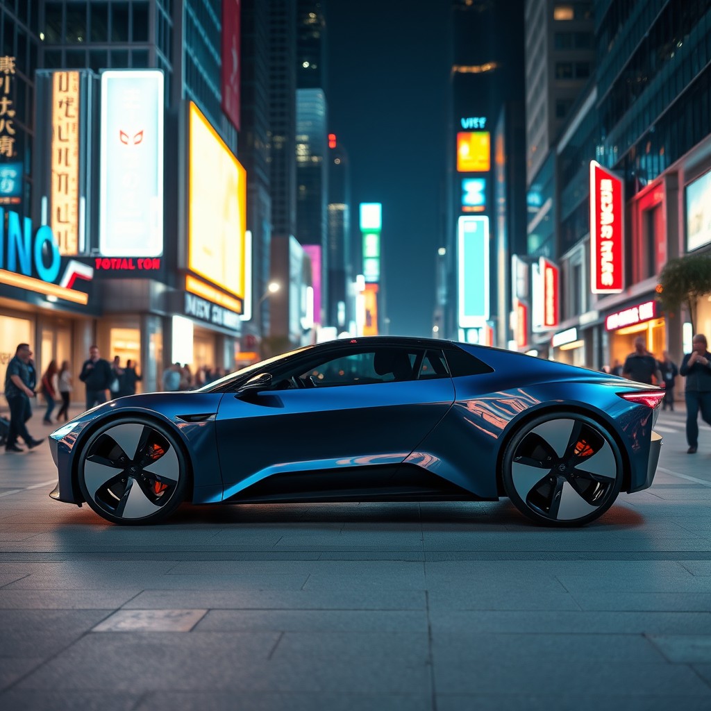 A stylish, futuristic electric car parked in a modern urban environment at night, illuminated by city lights