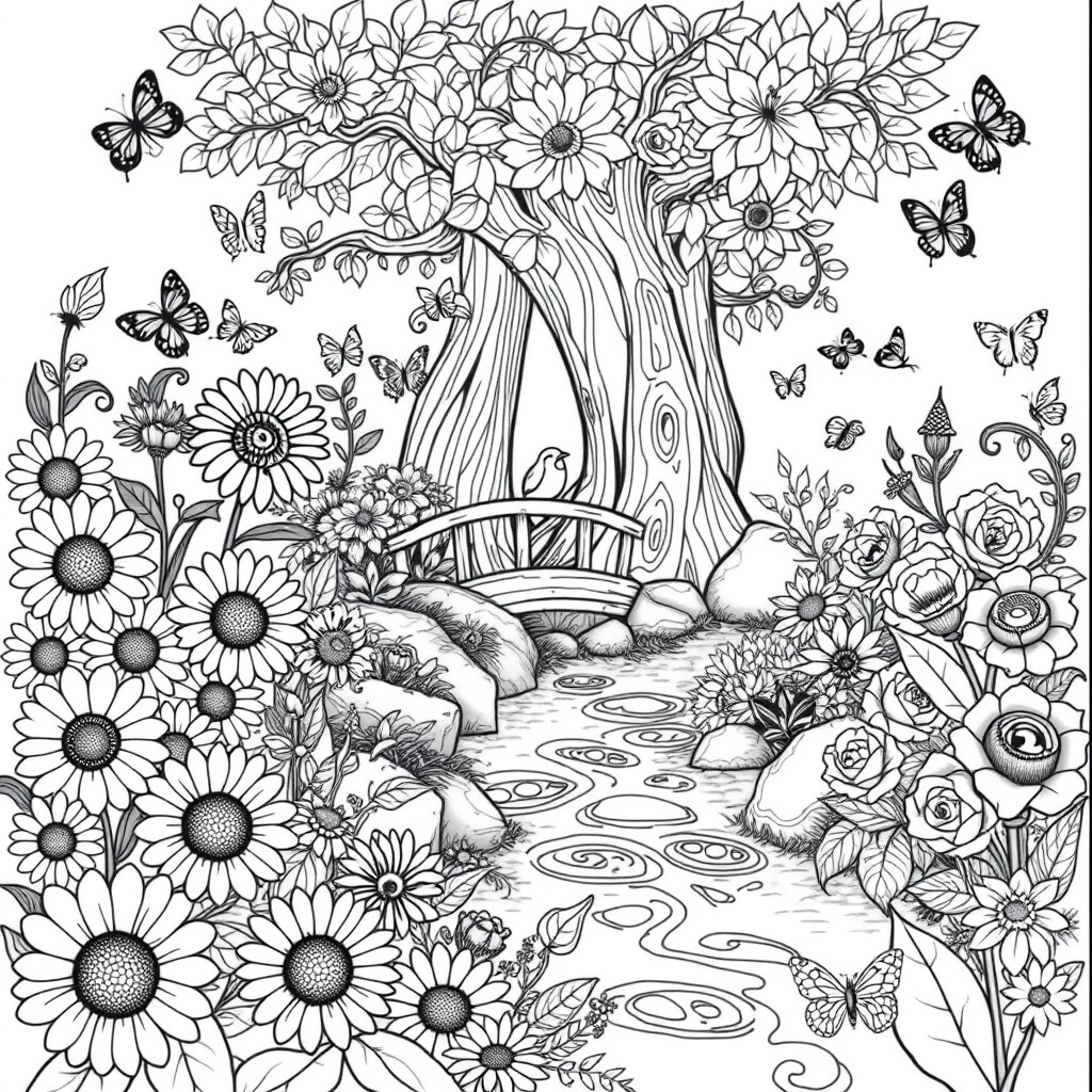 A detailed and intricate coloring page design featuring a whimsical garden scene filled with various flowers, butterflies, and a tranquil stream